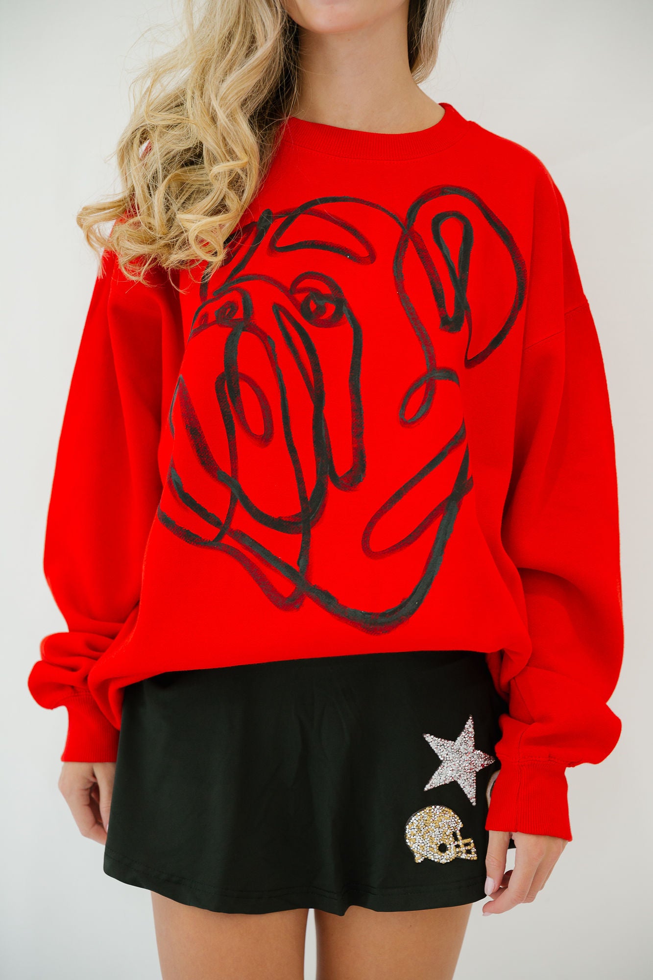 BULLDOG HAND PAINTED RED PULLOVER SKIRT Judith March