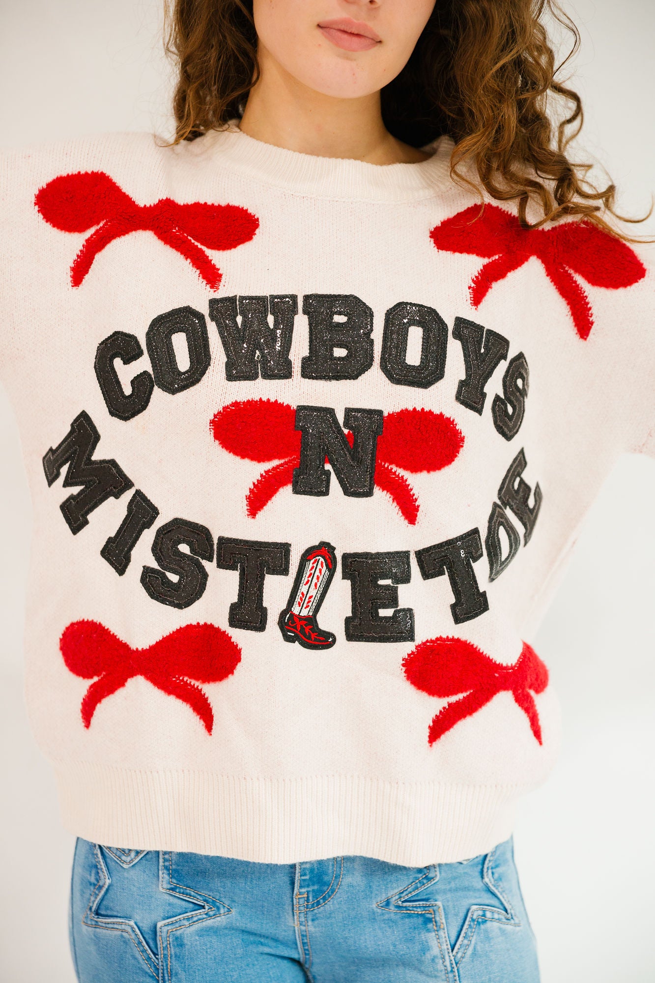 *COWBOYS N MISTLETOE BOW SWEATER - SMALL PULLOVER Judith March