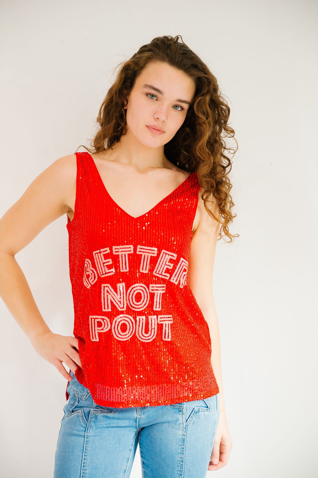 *BETTER NOT POUT RED SEQUIN TANK - SMALL PULLOVER Judith March