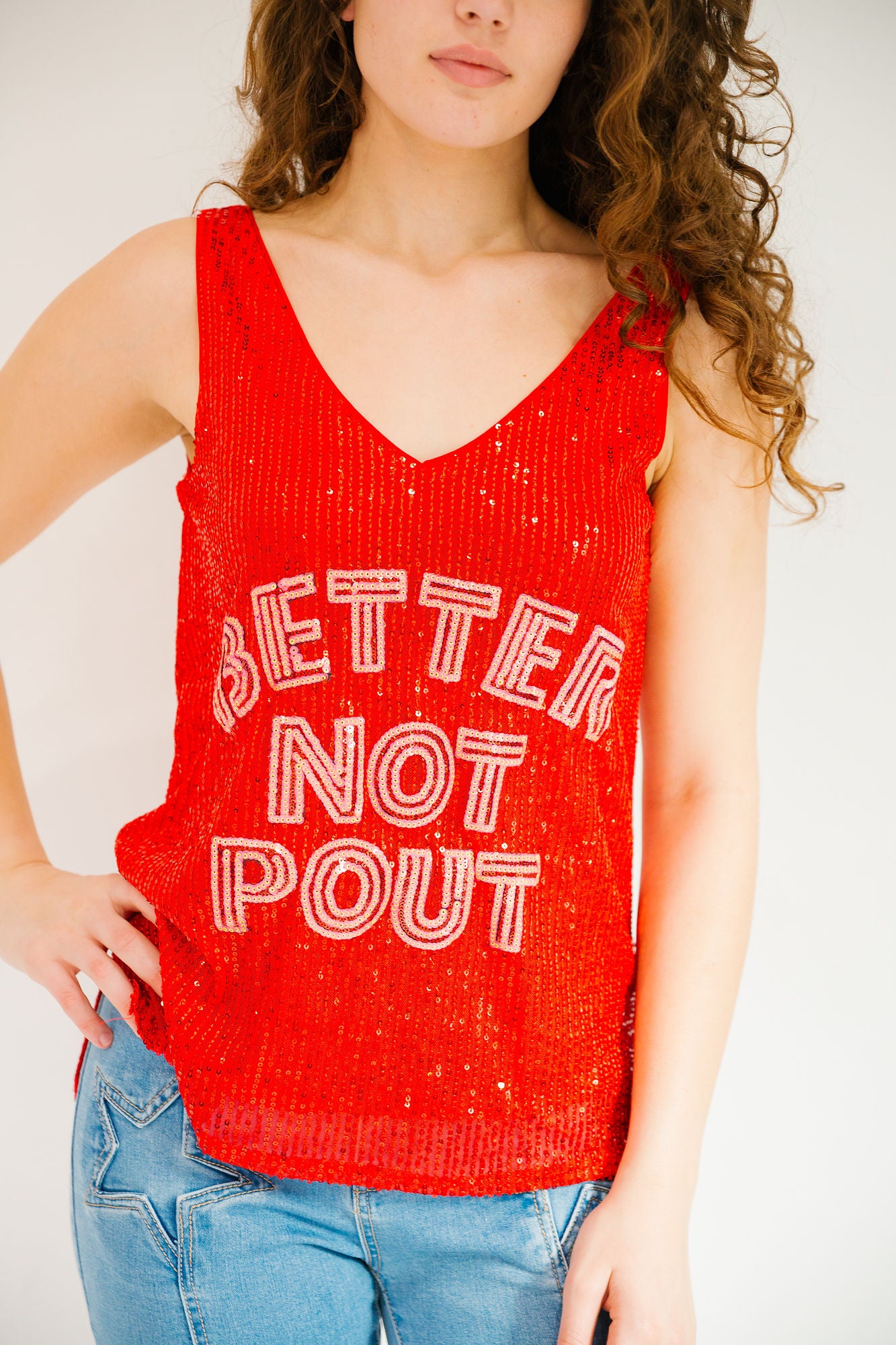 *BETTER NOT POUT RED SEQUIN TANK - SMALL PULLOVER Judith March