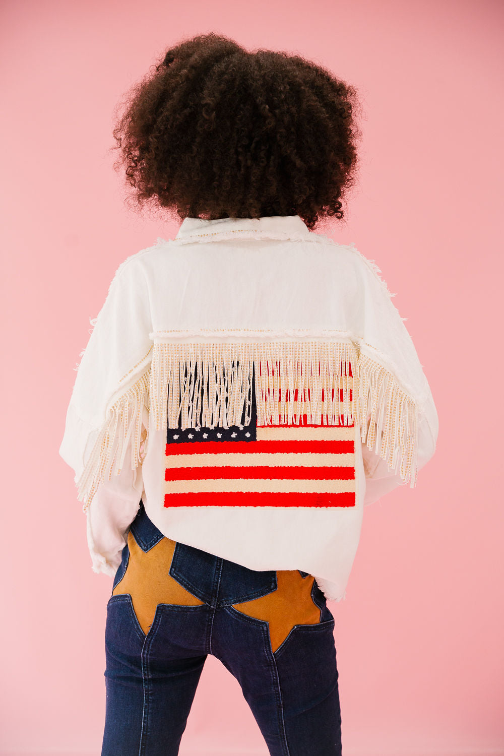 FLAG FRINGE WHITE DENIM JACKET JACKET Judith March