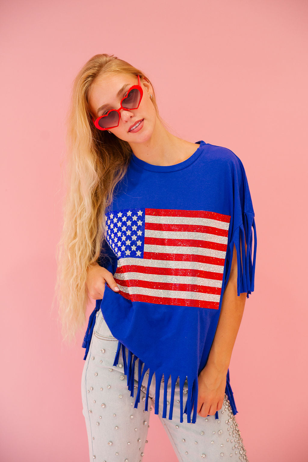 RHINESTONE FLAG ROYAL FRINGE TEE Tee Judith March