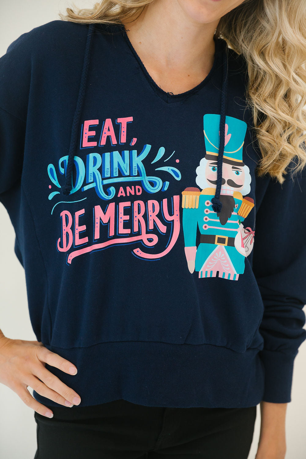 *NAVY EAT, DRINK, AND BE MERRY HOODIE - LARGE PULLOVER Judith March