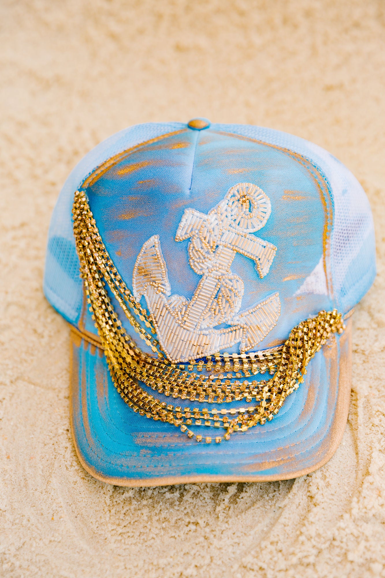 BEADED ANCHOR FRINGE TRUCKER HAT TRUCKER HAT Judith March