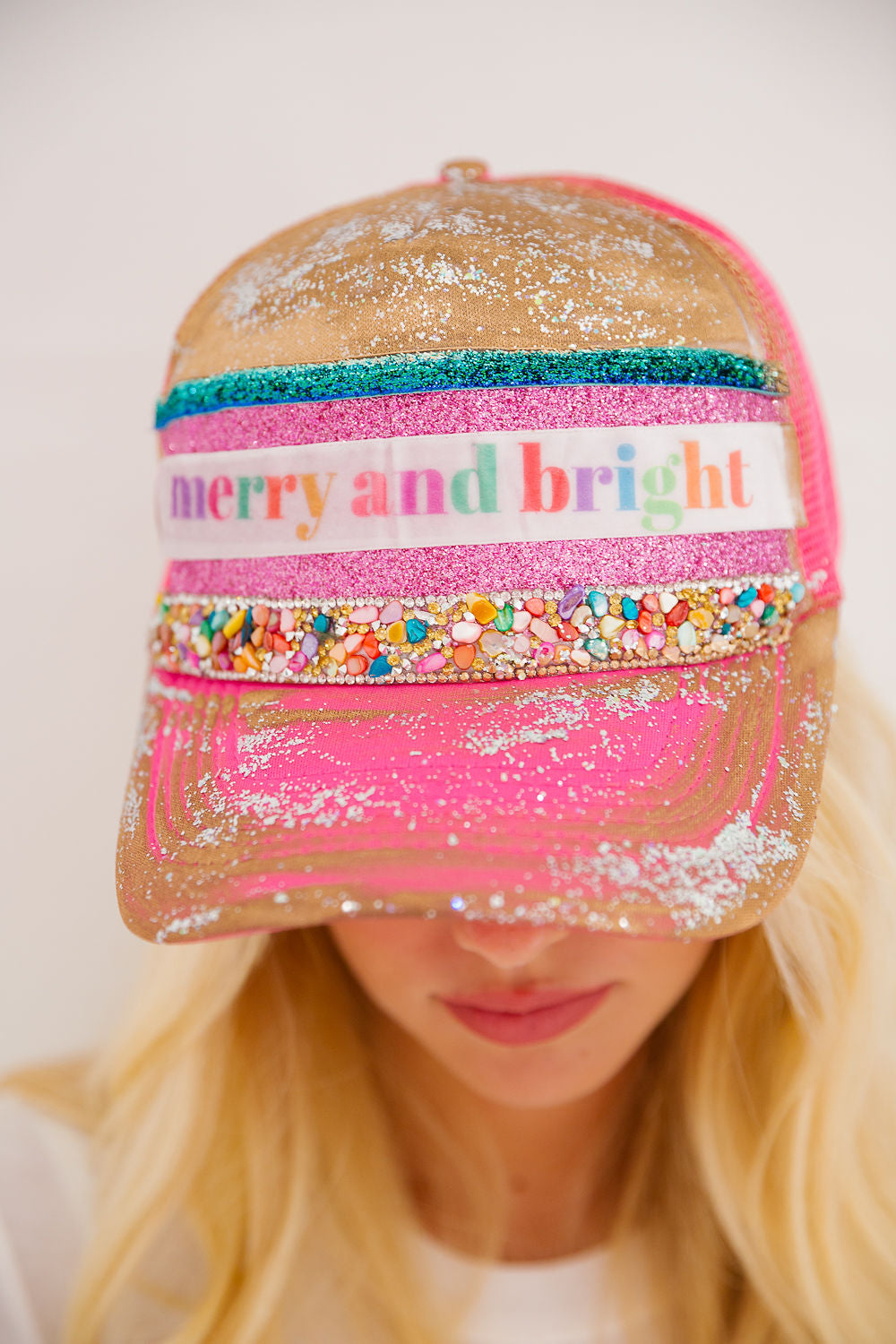 MERRY AND BRIGHT GLITTER TRUCKER HAT HAT Judith March