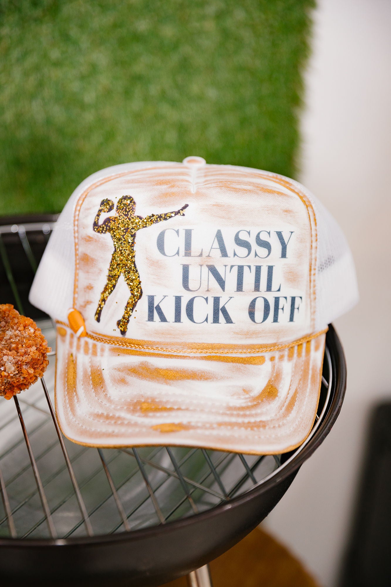 CLASSY UNTIL KICK OFF WHITE TRUCKER HAT HAT Judith March