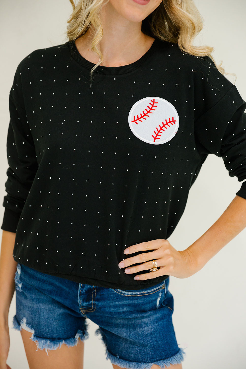 **BASEBALL BLACK BEJEWELED PULLOVER PULLOVER Judith March