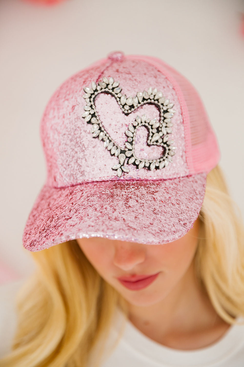 HEART TO HEART GLITTER TRUCKER HAT jlh Judith March