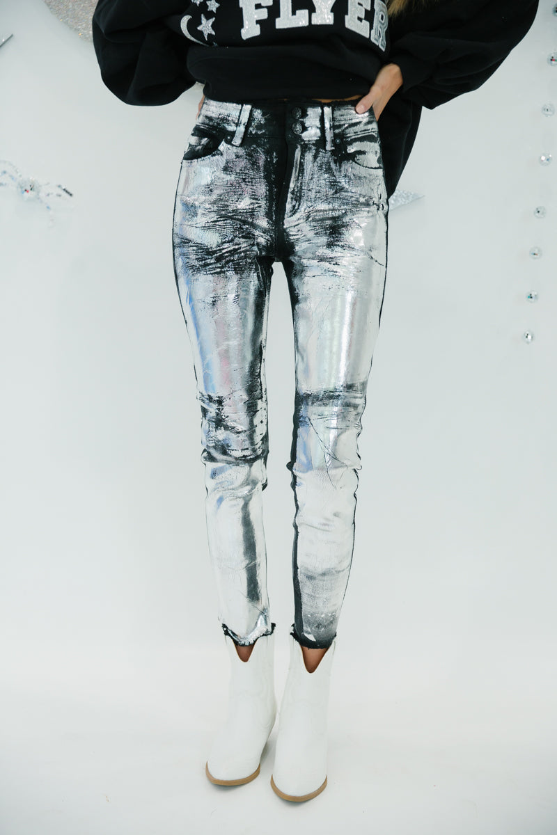 SILVER FOIL BLACK SKINNY JEANS gameday23 Judith March