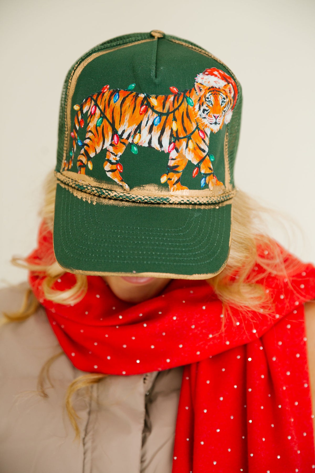 WILD ABOUT CHRISTMAS GREEN STRUCTURED HAT TRUCKER HAT Judith March