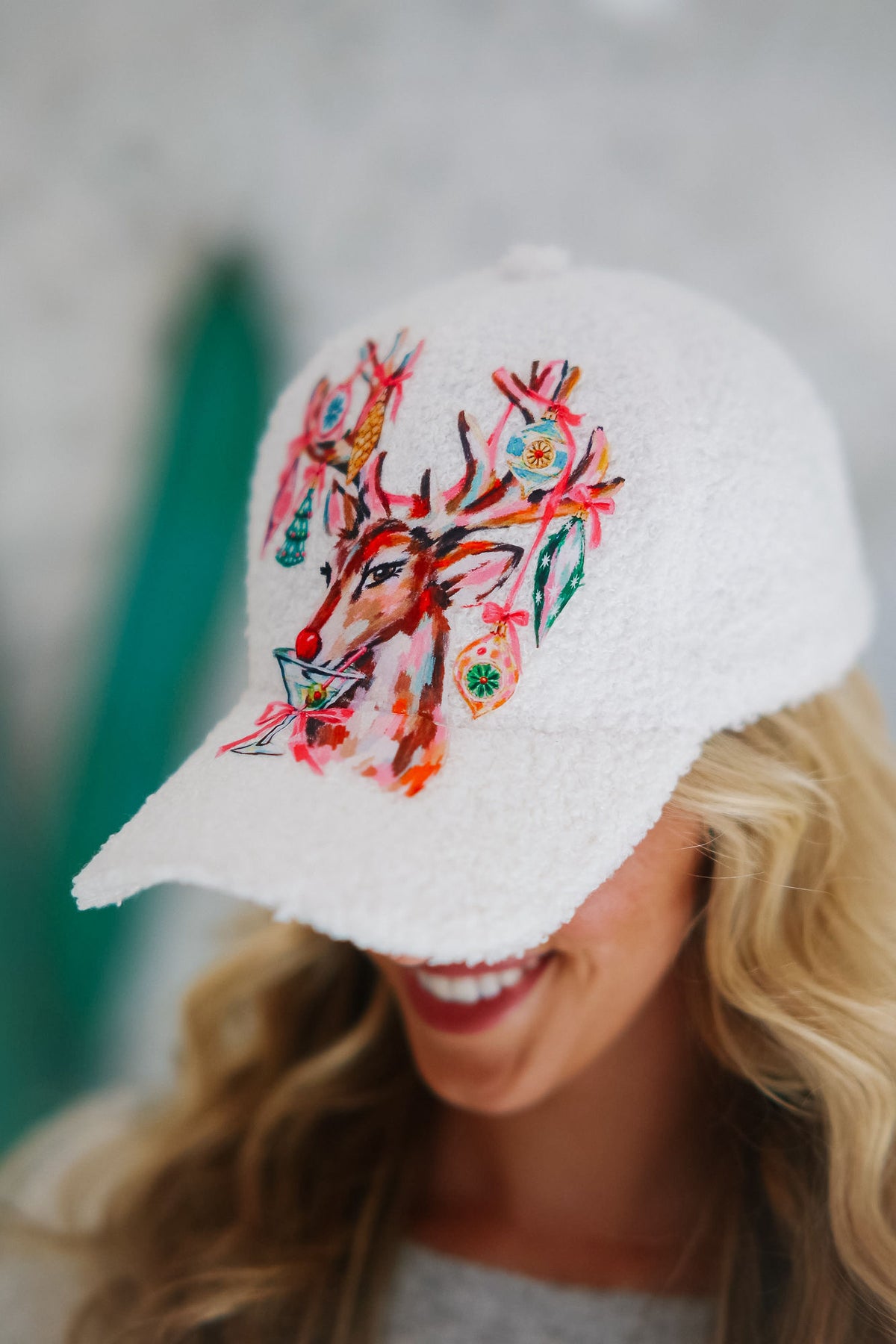 REINDEER & RIBBONS WHITE FUZZY HAT TRUCKER HAT Judith March