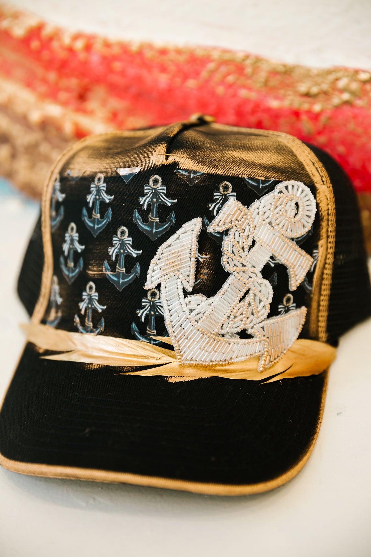 ANCHORS AWEIGH BLACK STRUCTURED HAT TRUCKER HAT Judith March