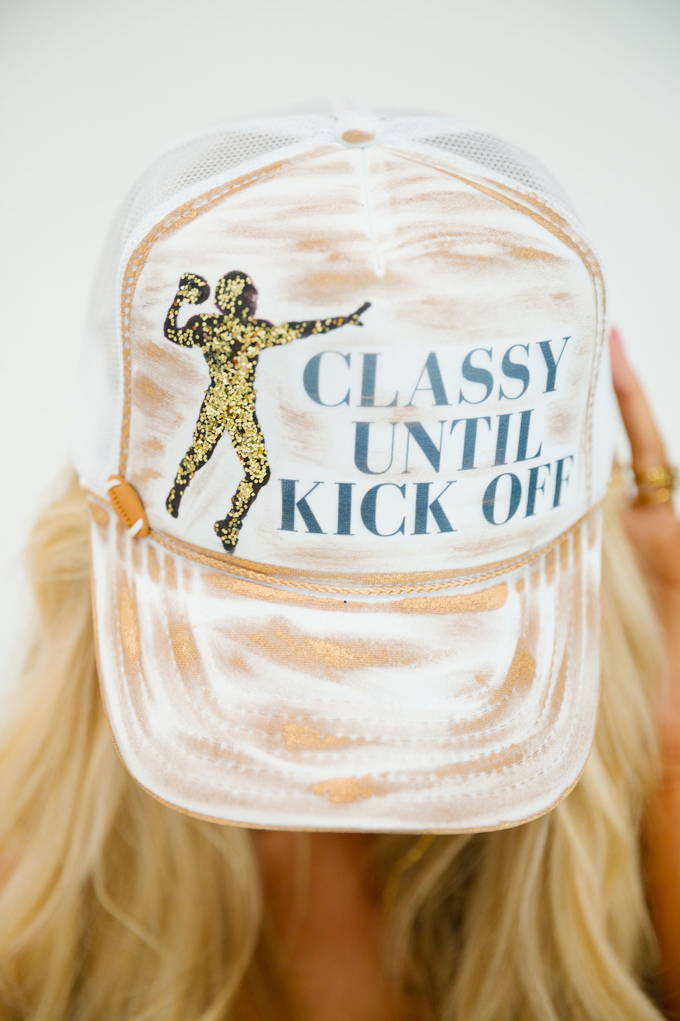 CLASSY UNTIL KICK OFF WHITE TRUCKER HAT HAT Judith March