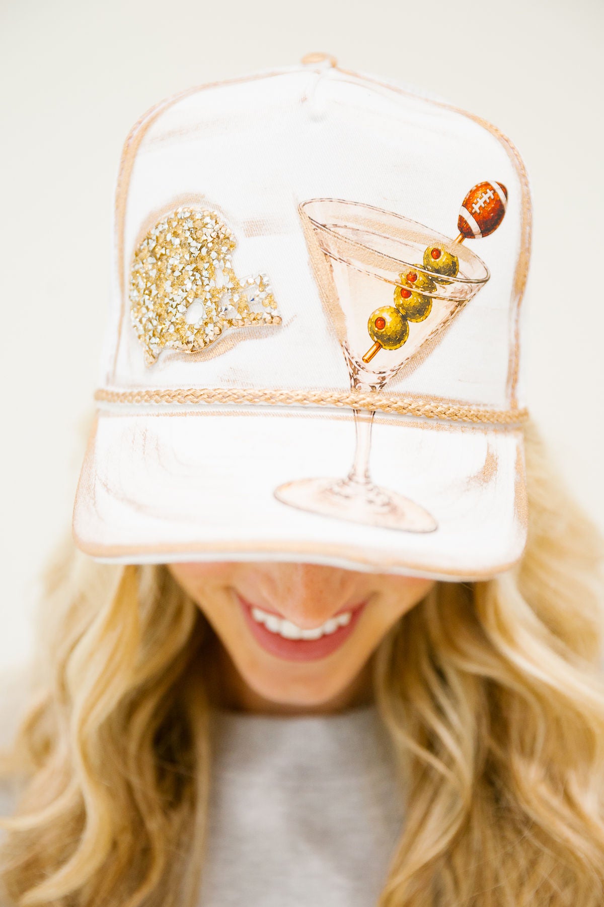 TINIS & TOUCHDOWNS WHITE STRUCTURED HAT TRUCKER HAT Judith March