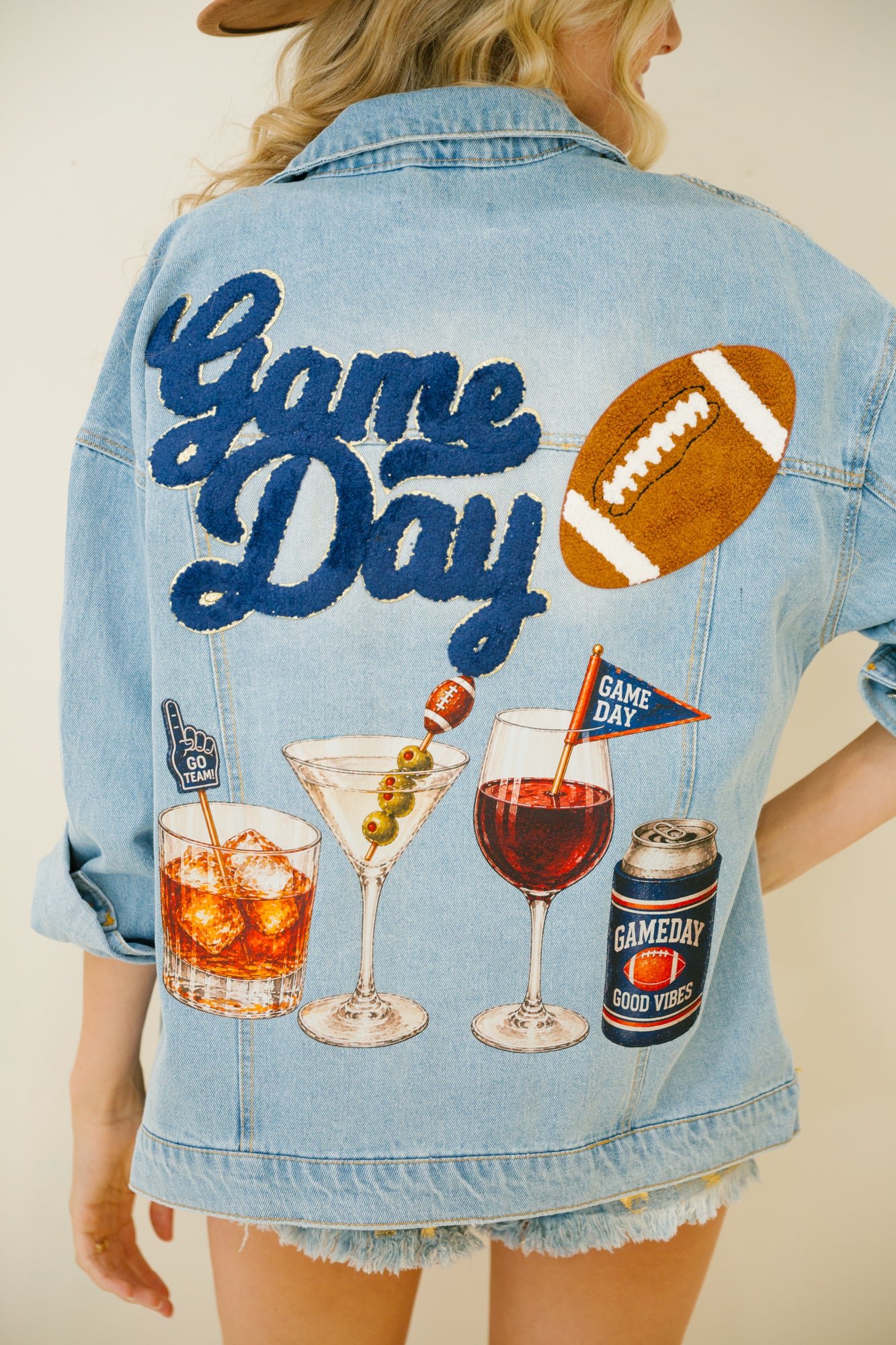 NAVY COCKTAILS & KICKOFF BOYFRIEND DENIM JACKET SWEATER Judith March