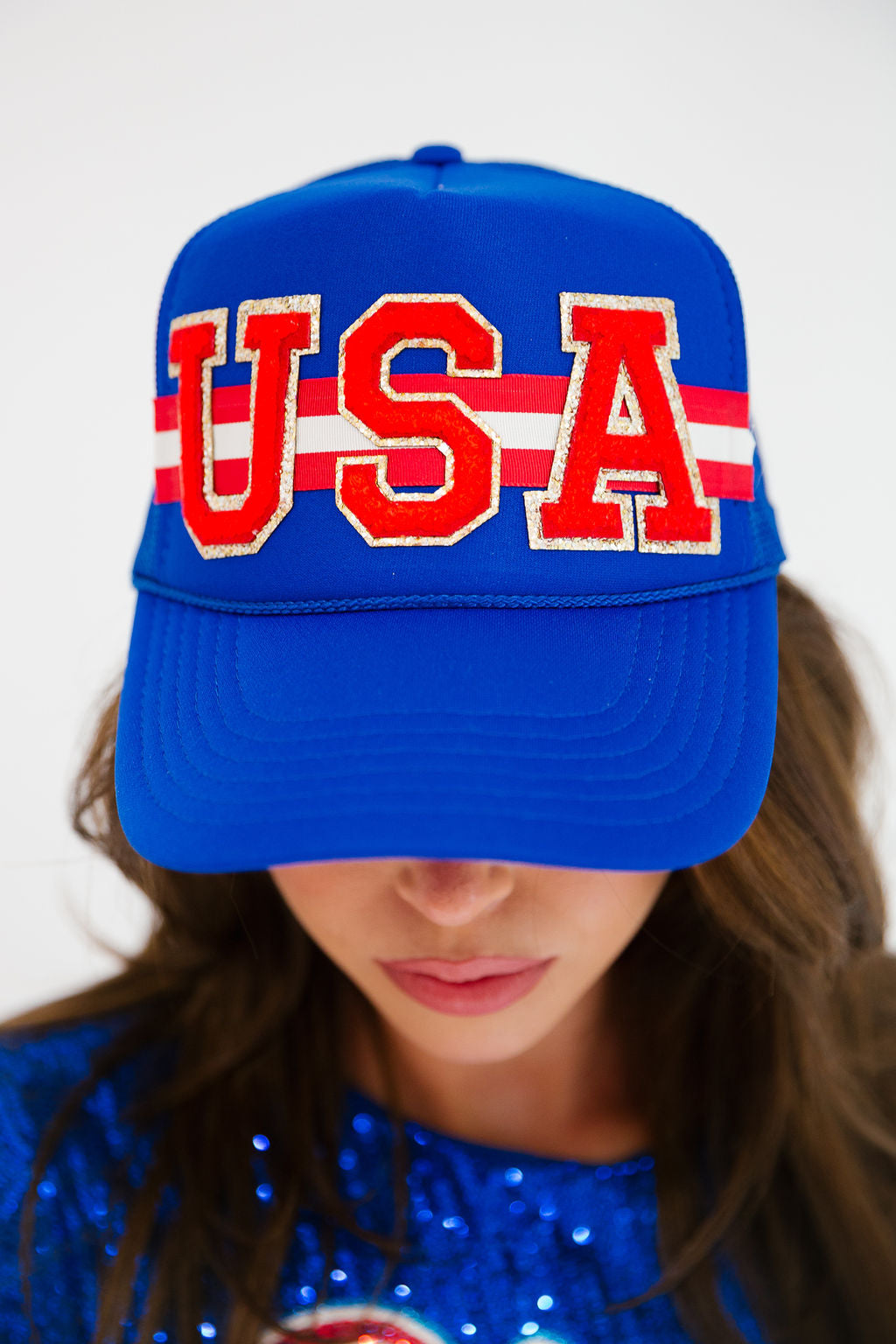 USA STRIPED ROYAL TRUCKER HAT TRUCKER HAT Judith March