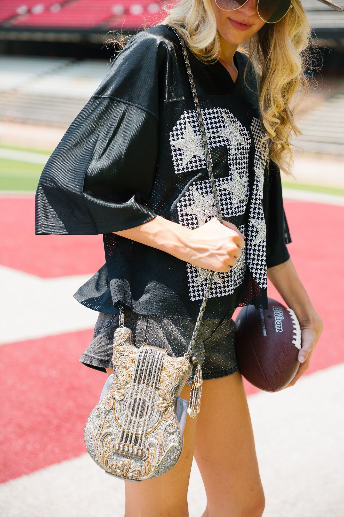 HEADLINER BEADED SILVER AND GOLD GUITAR CROSSBODY BAG - BY MARY FRANCES PURSE Judith March