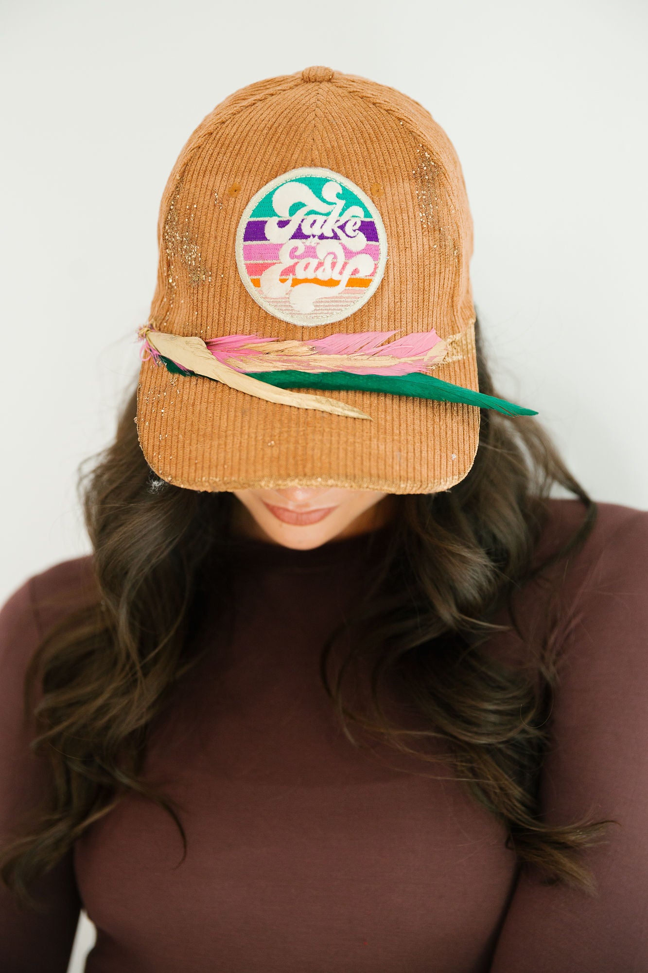 TAKE IT EASY MOCHA CORDUROY HAT TRUCKER HAT Judith March