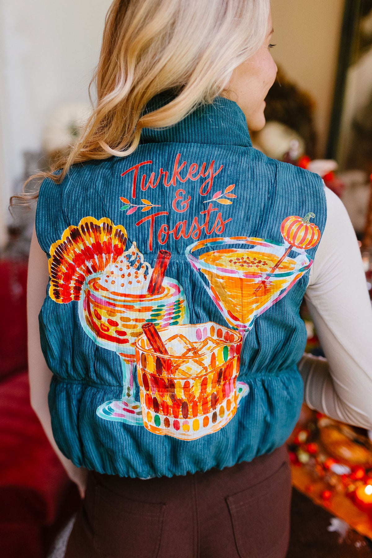 TURKEY & TOASTS TEAL REVERSIBLE VEST VEST Judith March