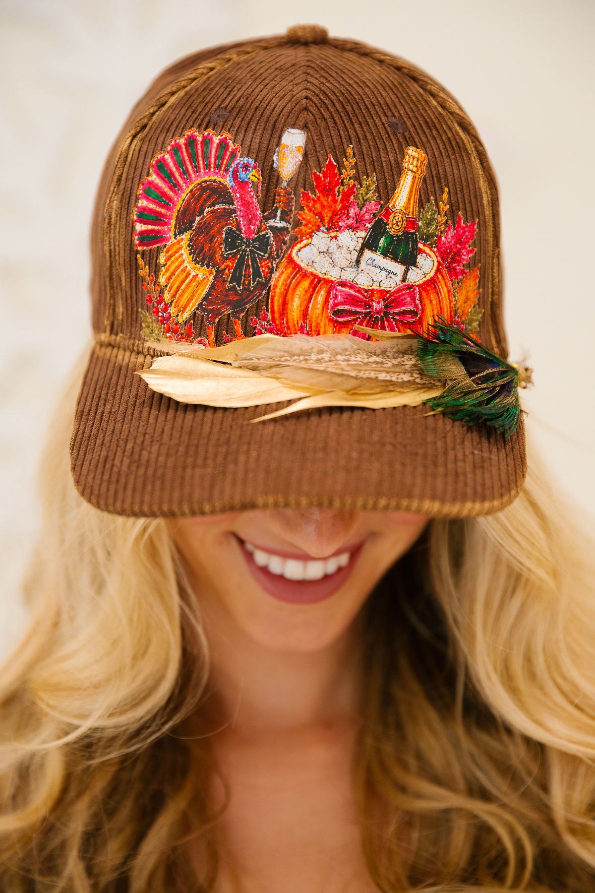 CHEERS TO THE TURKEY CORDUROY HAT TRUCKER HAT Judith March