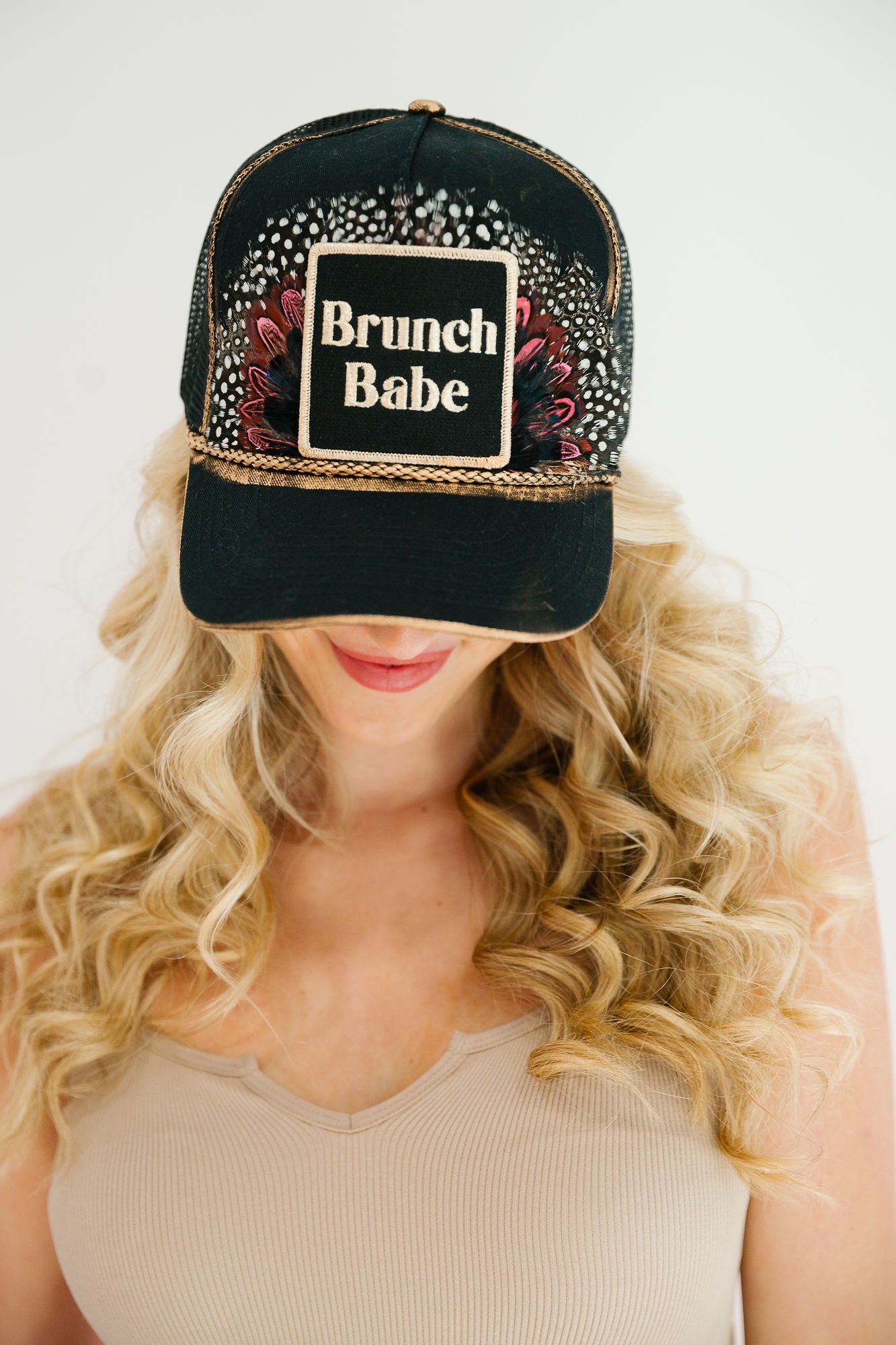 BRUNCH BABE BLACK STRUCTURED HAT TRUCKER HAT Judith March