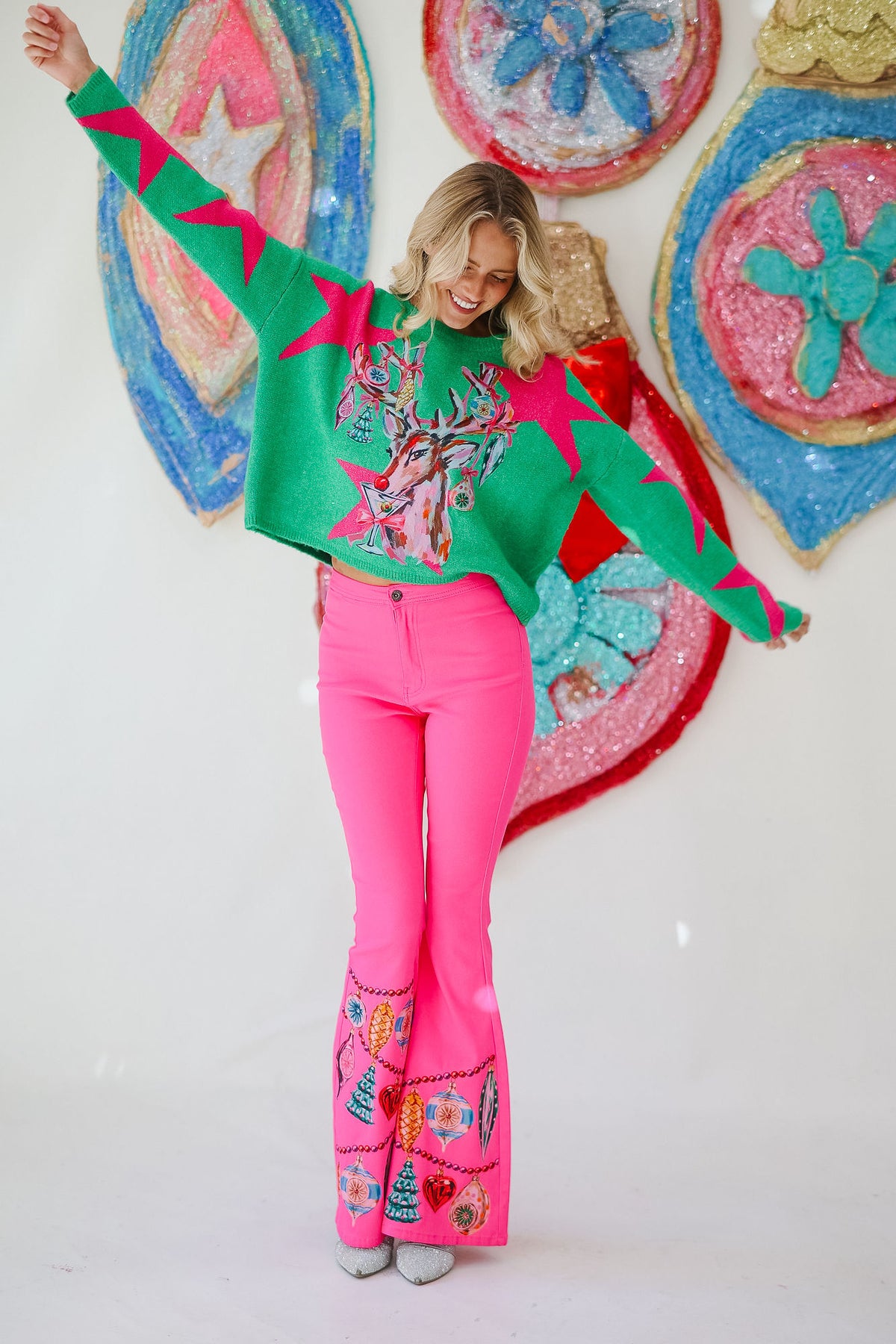 MERRY MARTINI REINDEER GREEN STAR SWEATER PULLOVER Judith March