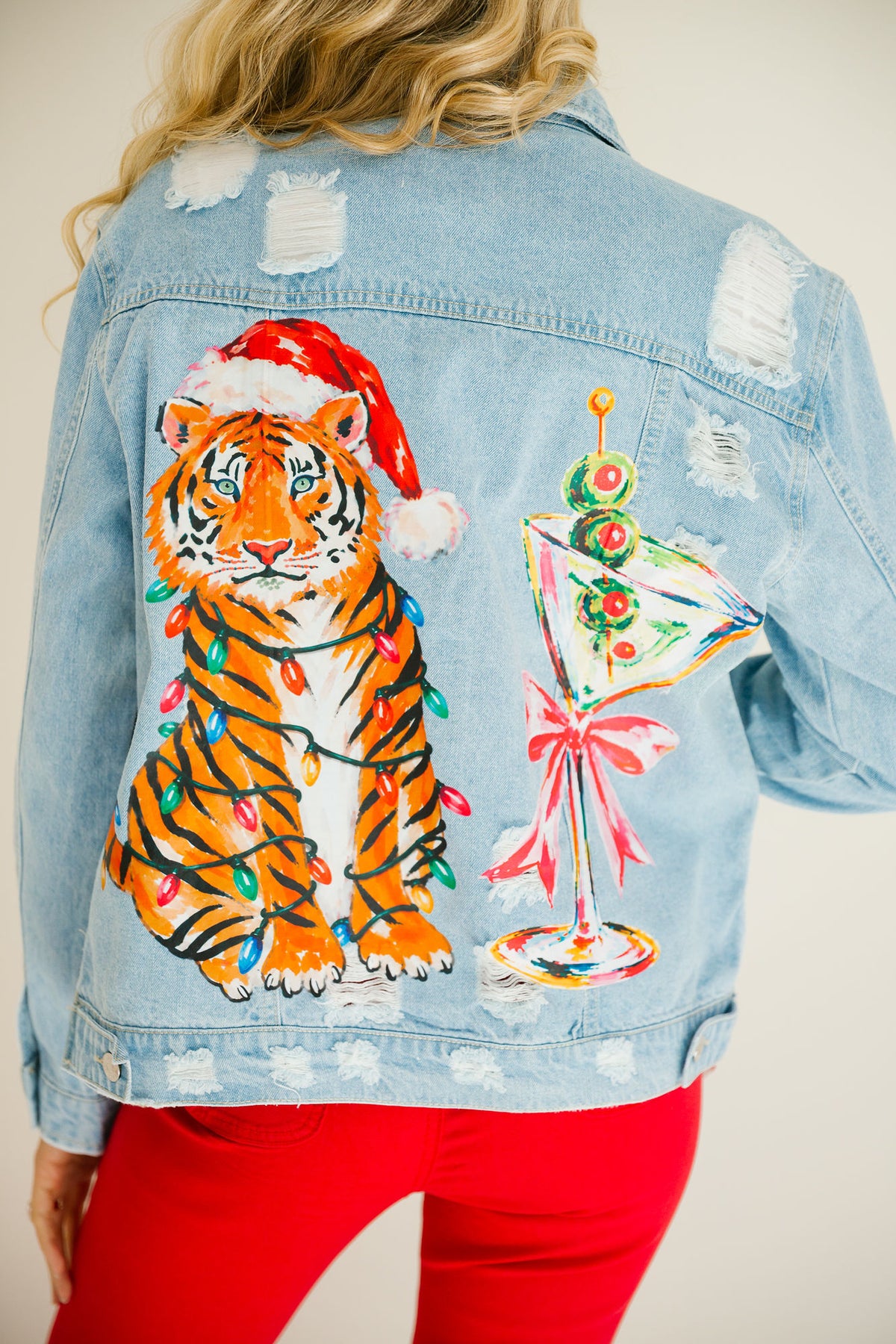 WILD ABOUT MARTINIS DENIM DISTRESSED JACKET PULLOVER Judith March