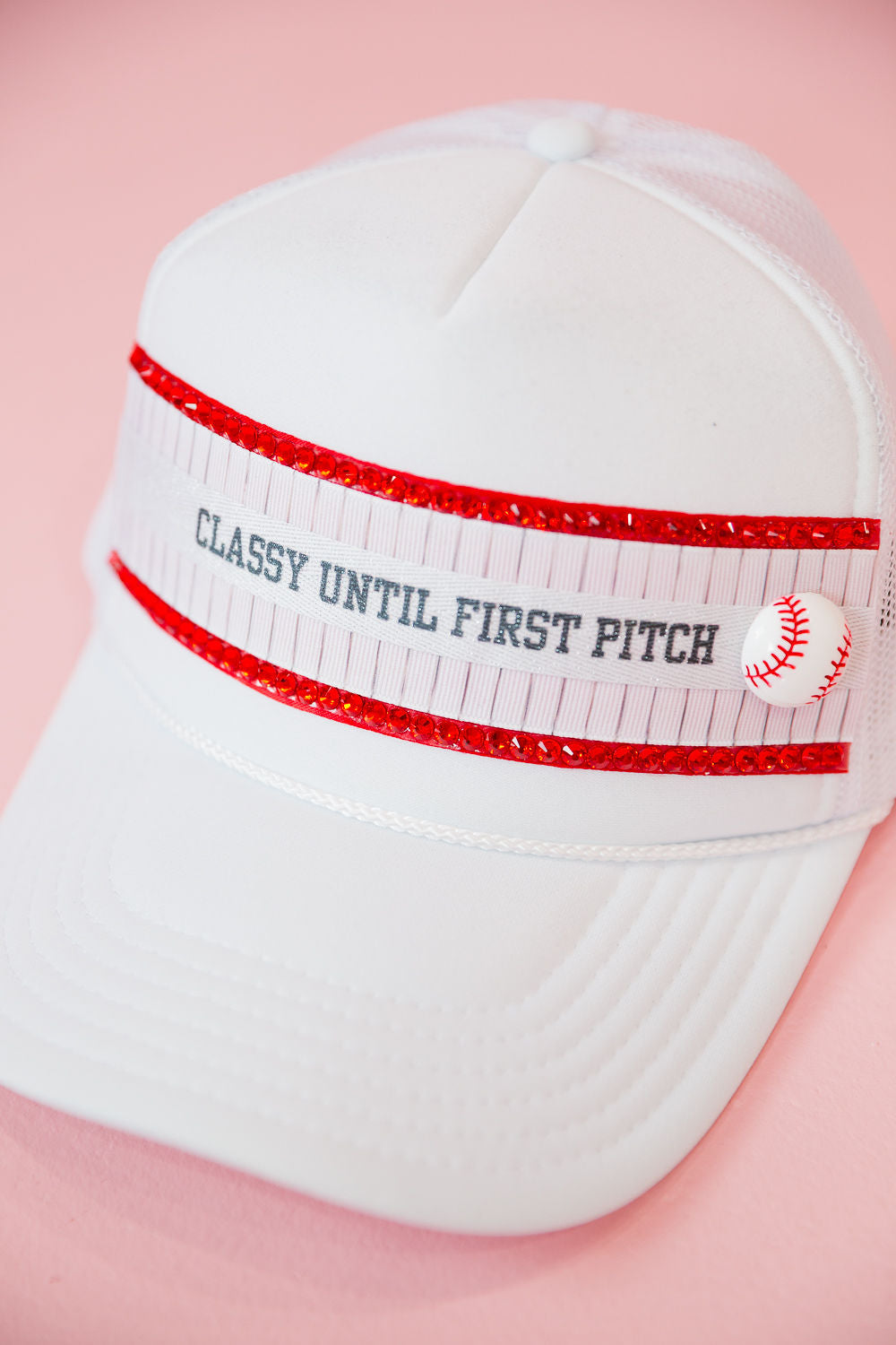 CLASSY UNTIL FIRST PITCH RIBBON TRUCKER HAT TRUCKER HAT Judith March