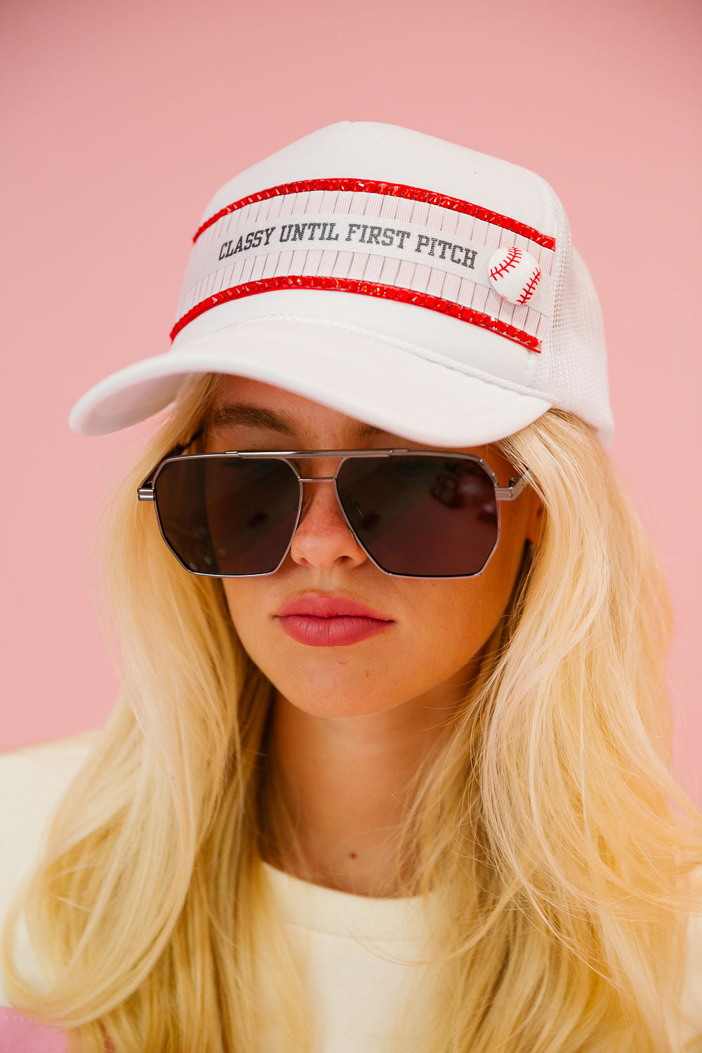 CLASSY UNTIL FIRST PITCH RIBBON TRUCKER HAT TRUCKER HAT Judith March