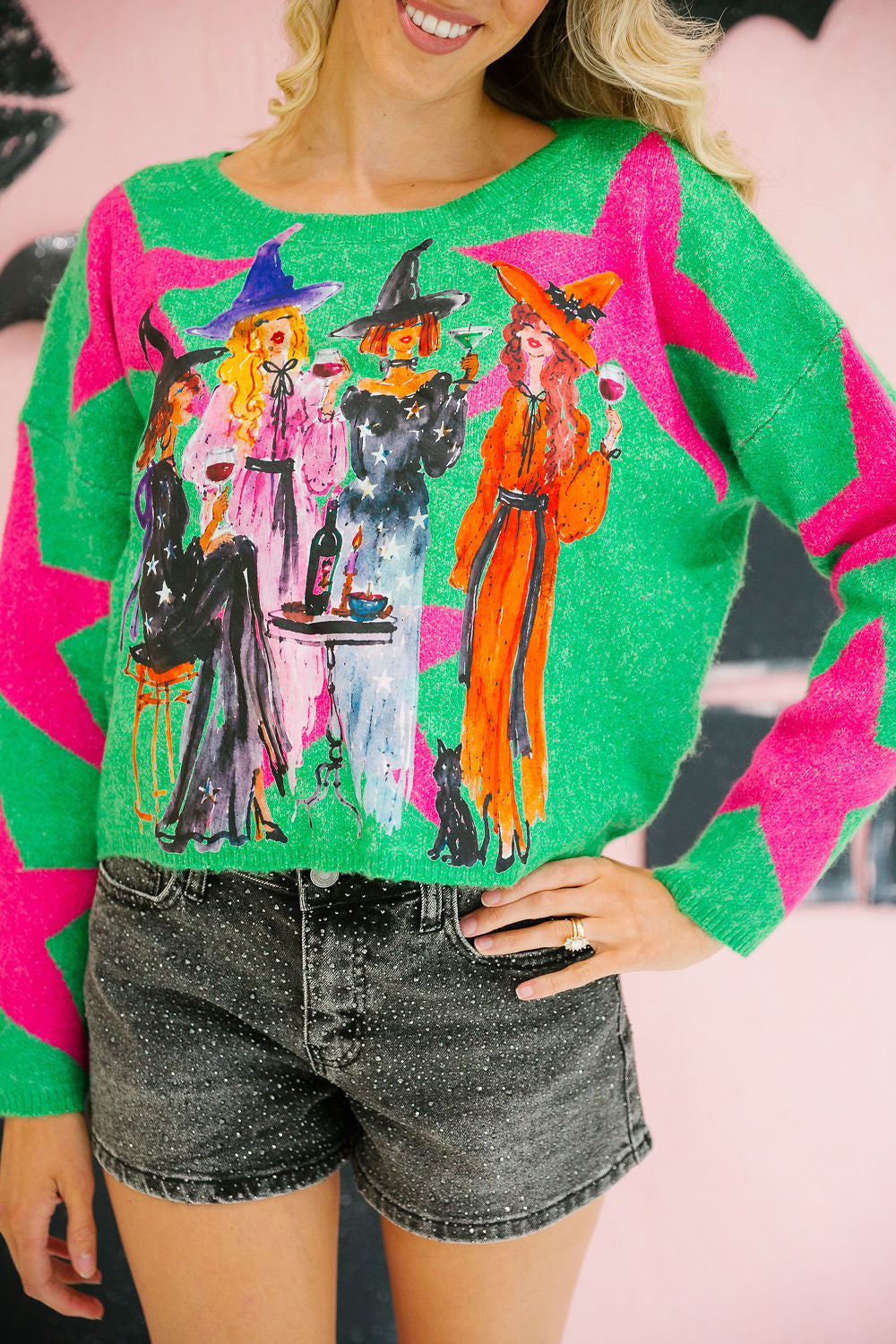 WITCH'S NIGHT OUT GREEN STAR SWEATER PULLOVER Judith March
