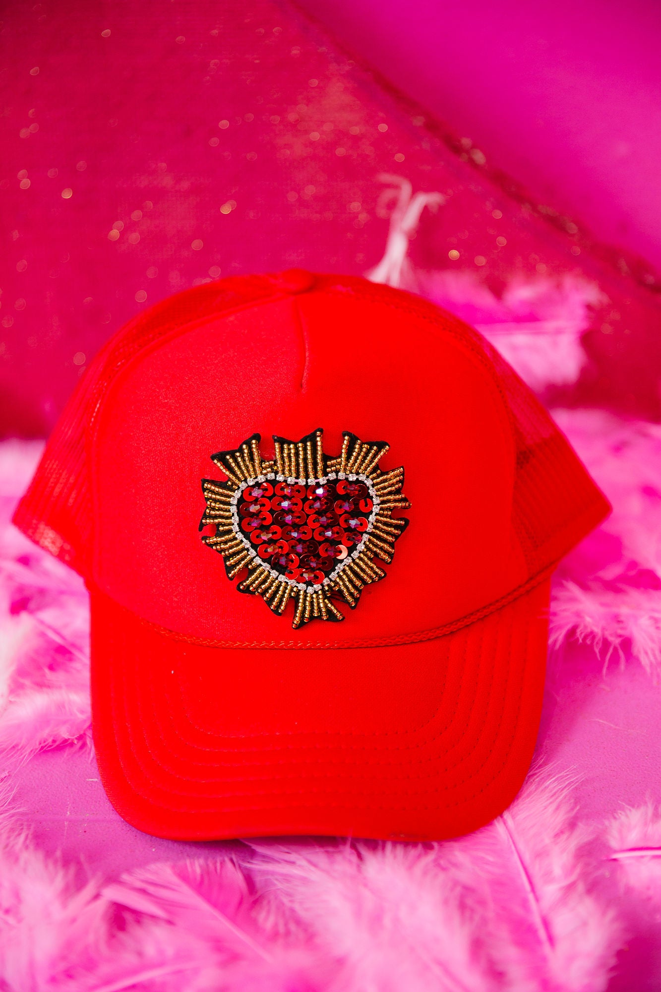 FLAMING HEART RED TRUCKER HAT jlh Judith March