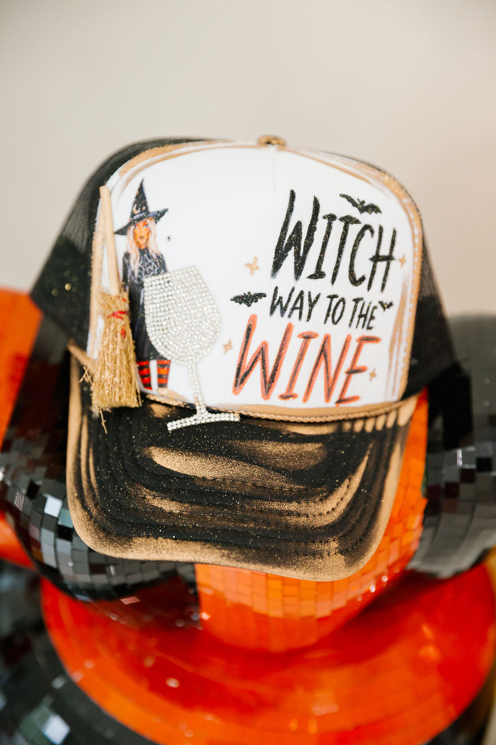 WITCH WAY TO THE WINE BLACK TRUCKER HAT TRUCKER HAT Judith March