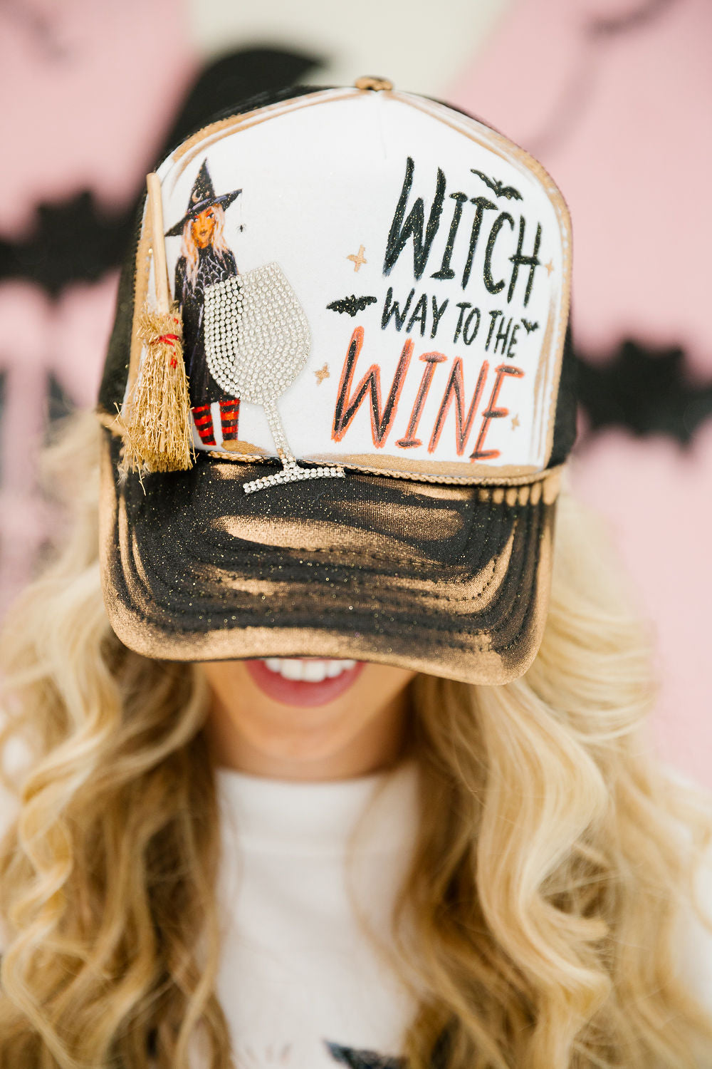 WITCH WAY TO THE WINE BLACK TRUCKER HAT TRUCKER HAT Judith March