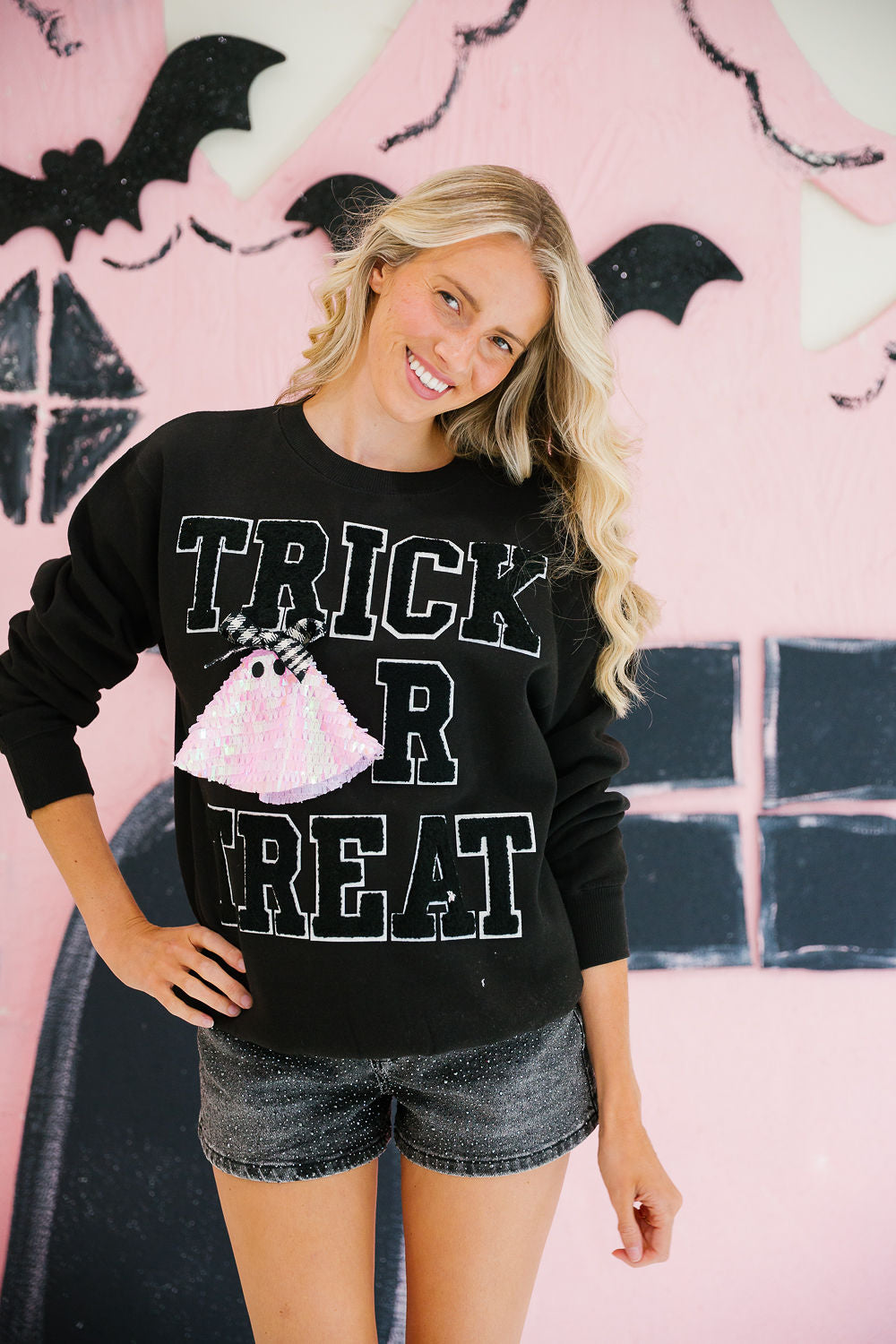 TRICK OR TREAT SEQUIN GHOST BLACK PULLOVER PULLOVER Judith March