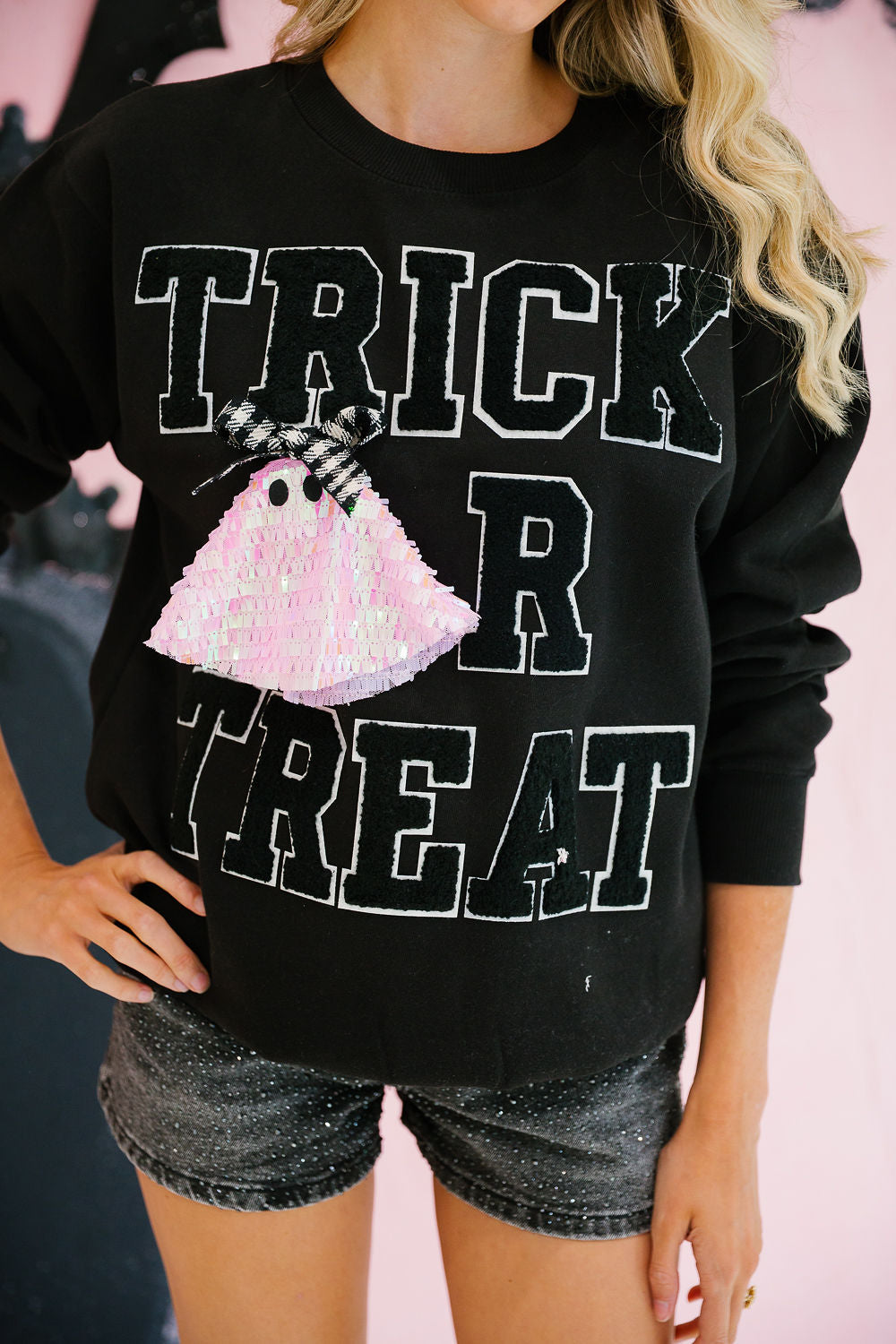 TRICK OR TREAT SEQUIN GHOST BLACK PULLOVER PULLOVER Judith March