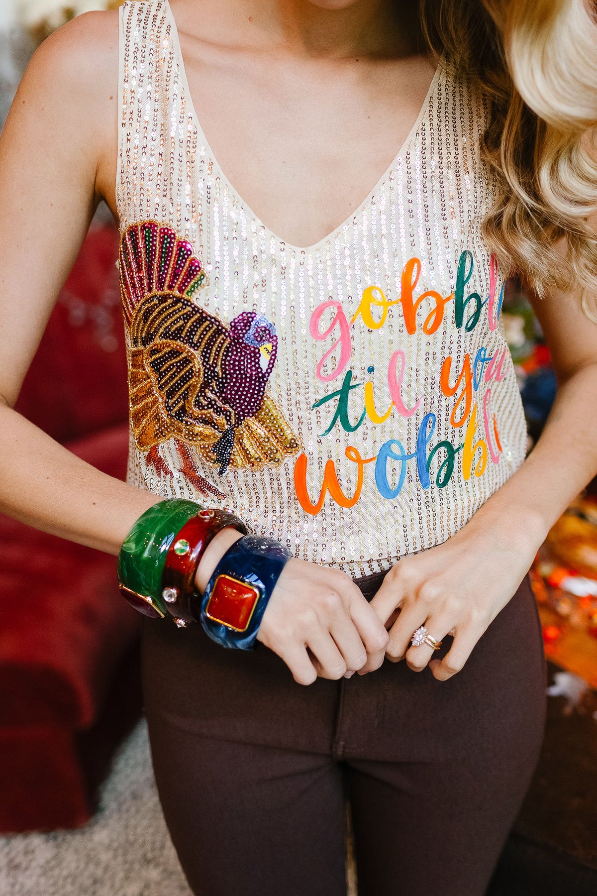 GOBBLE TIL YOU WOBBLE SEQUIN TANK TANK Judith March