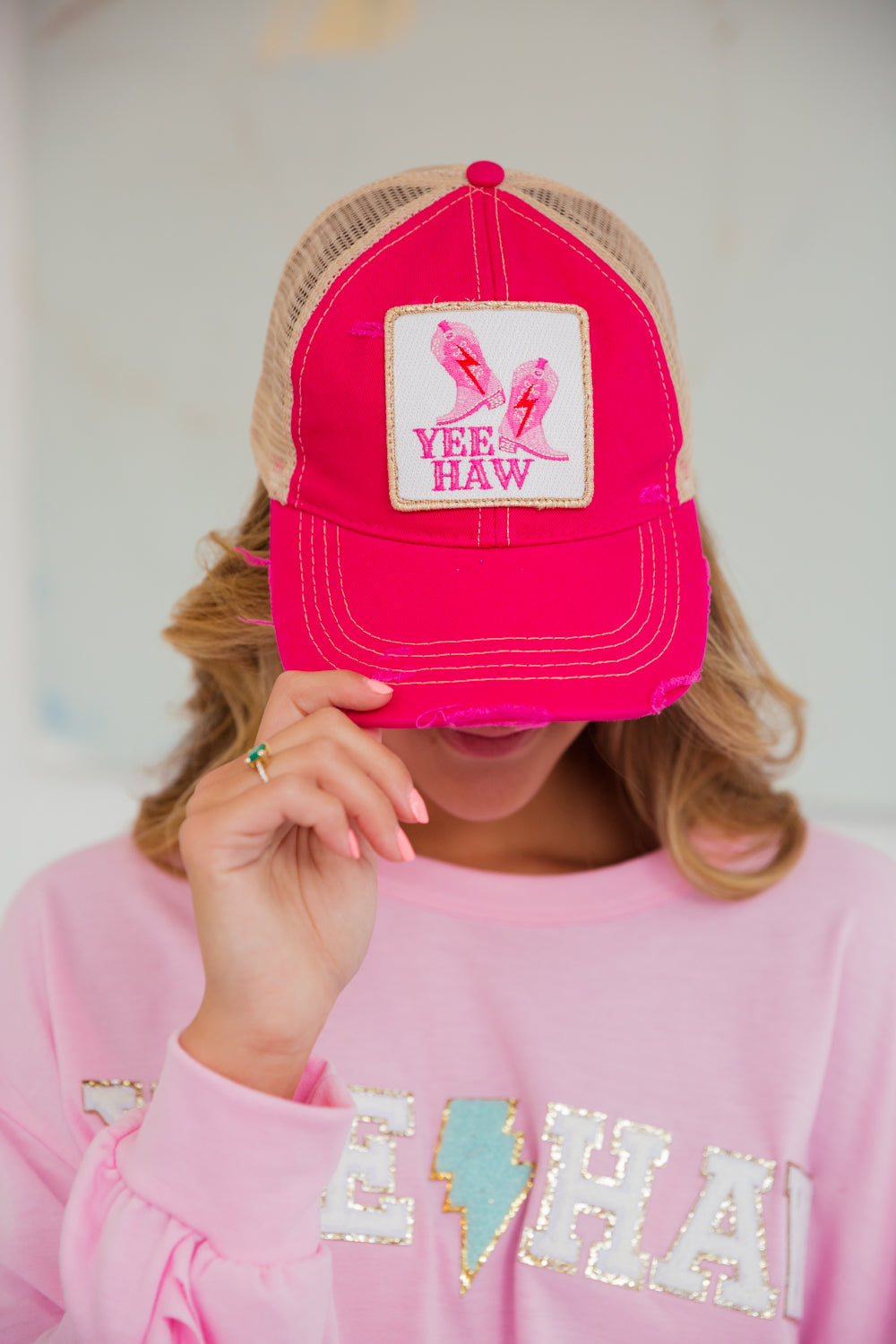 YEE HAW PATCH HAT HAT Judith March FUSCHIA DISTRESSED