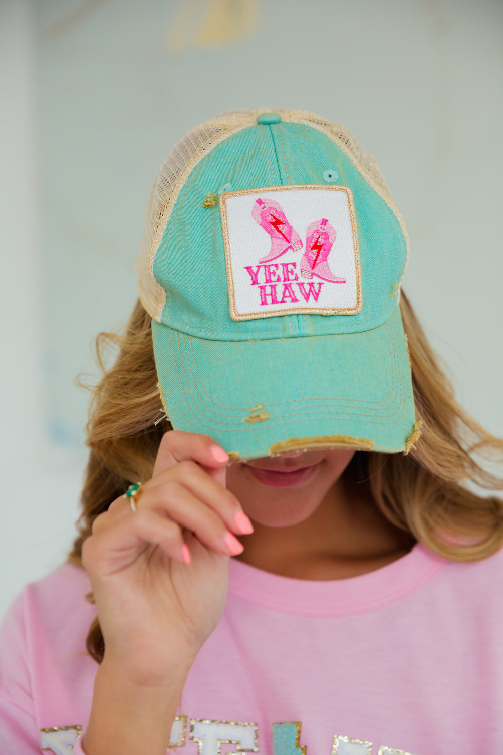 YEE HAW PATCH HAT HAT Judith March SEAFOAM DISTRESSED