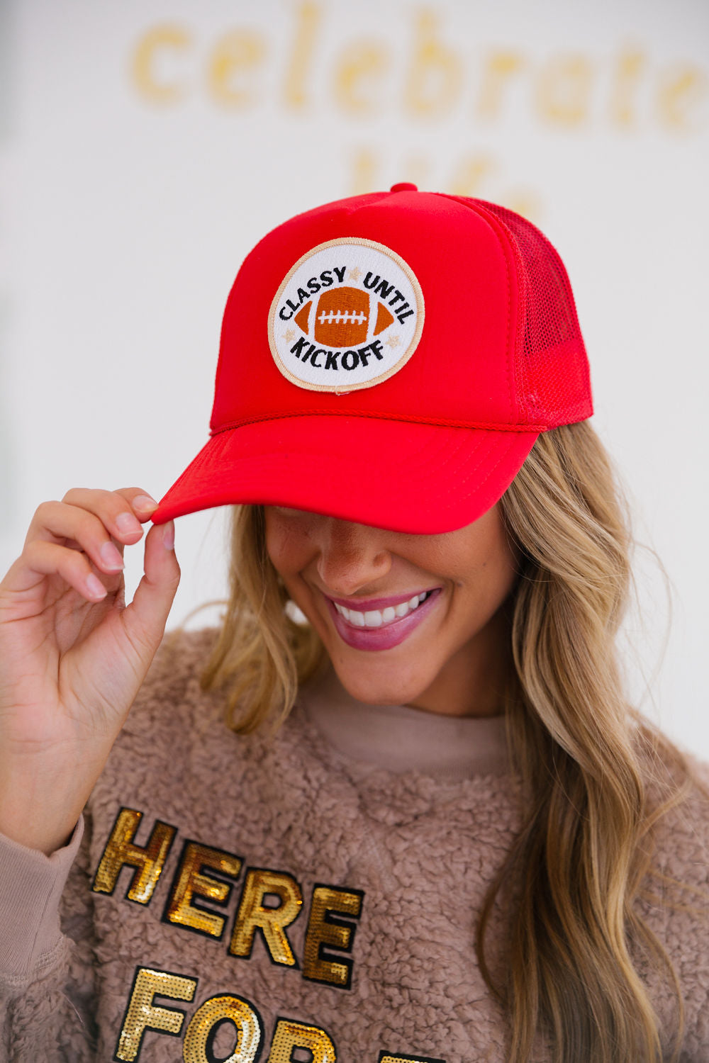CLASSY UNTIL KICKOFF PATCH HAT Hats Judith March RED TRUCKER