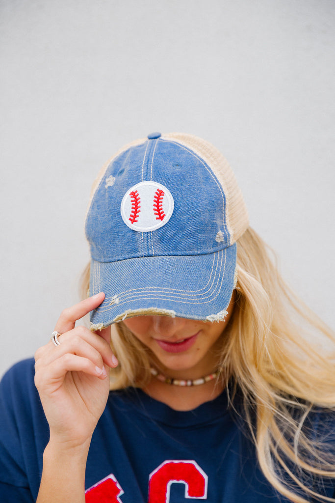 Denim baseball hat with baseball patch