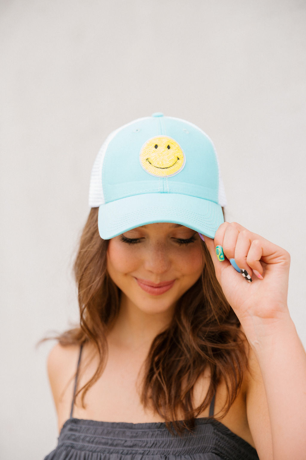 YELLOW SEQUIN SMILE PATCH HAT Hats Judith March TEAL