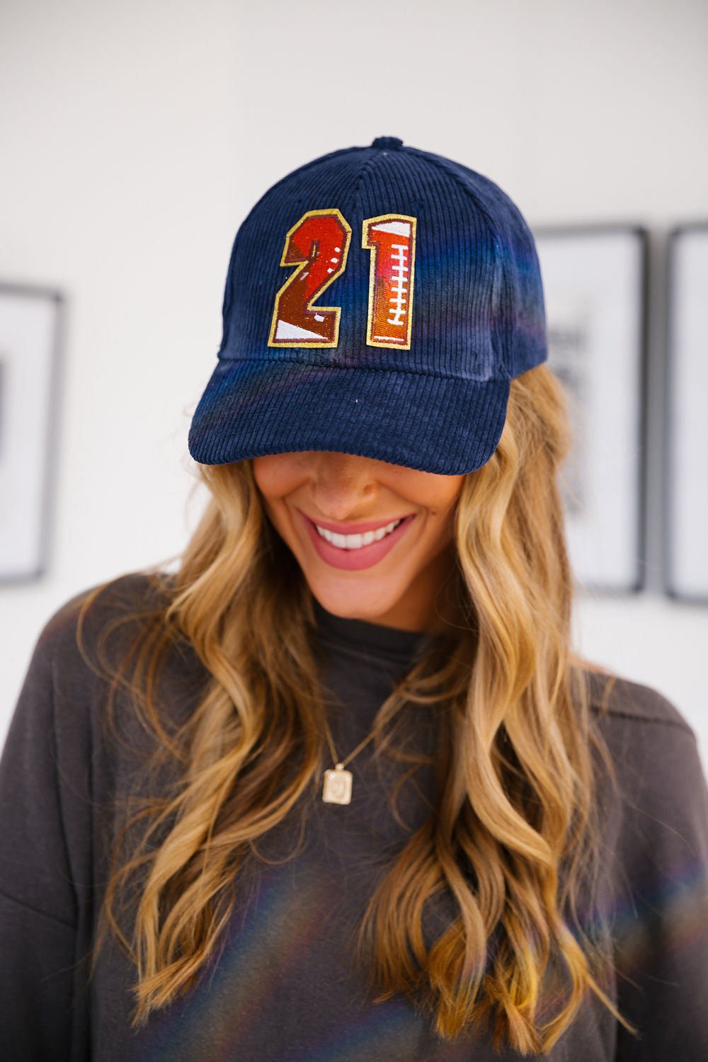 CUSTOM FOOTBALL NUMBER PATCH HAT Hats Judith March NAVY CORDUROY