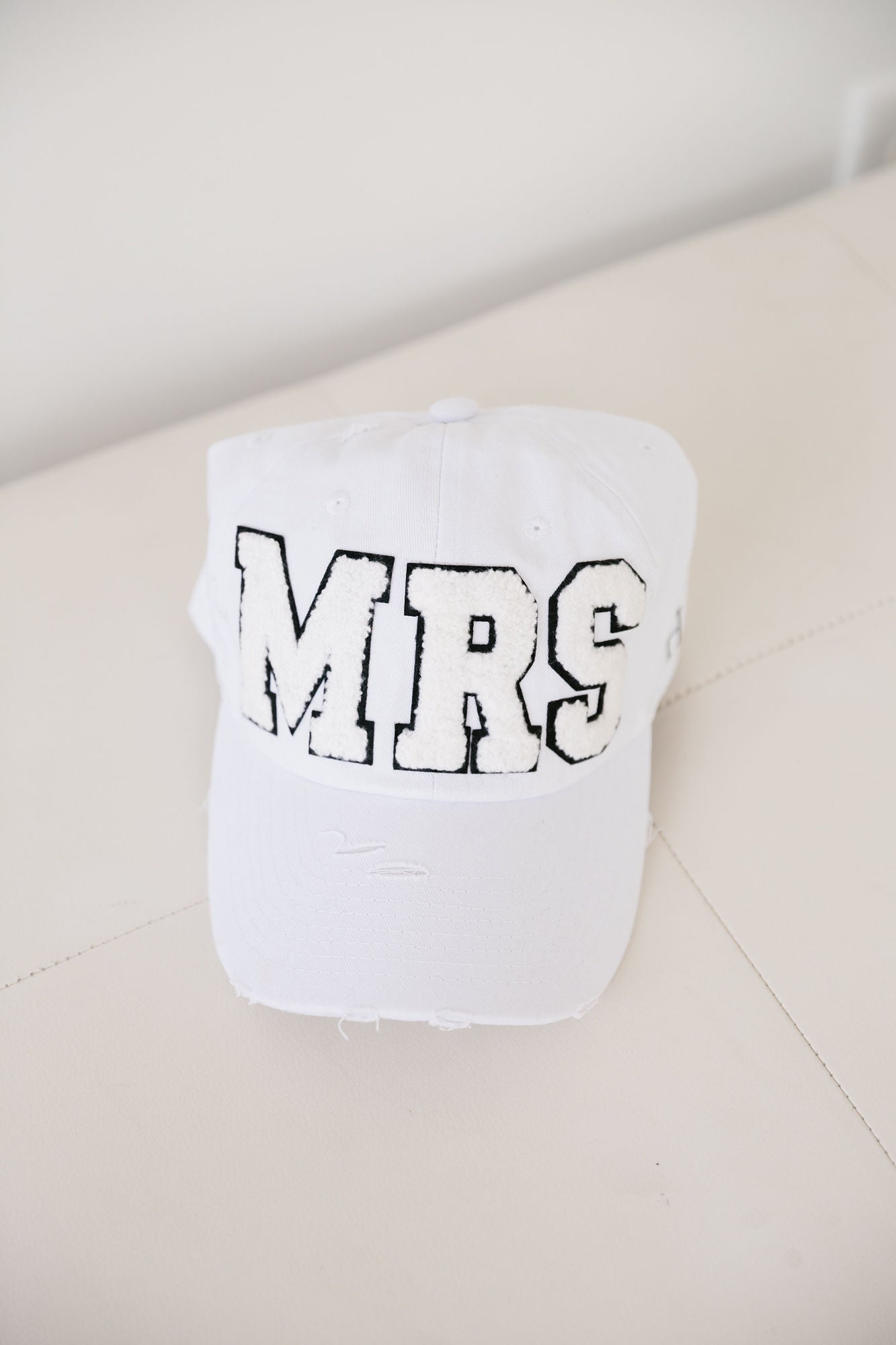 MRS WHITE VARSITY DISTRESSED HAT Hats Judith March WHITE