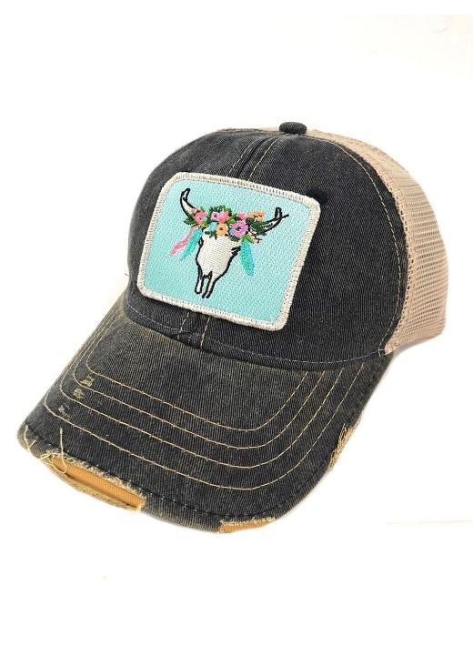 FLORAL STEER PATCH HAT Hats Judith March BLACK DISTRESSED