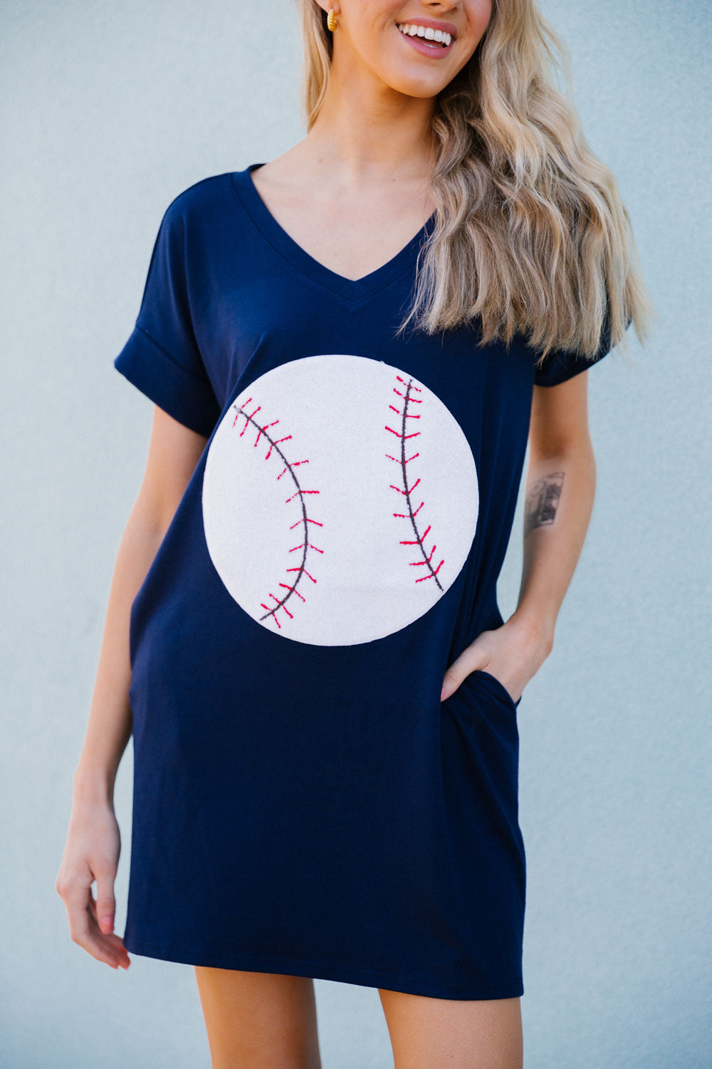 BASEBALL T-SHIRT DRESS WITH POCKETS SMALL / NAVY
