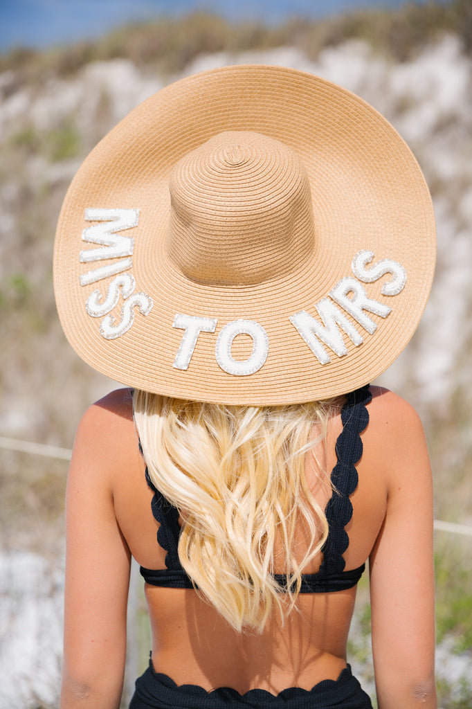 Sun hat with white beaded "miss to mrs" letters