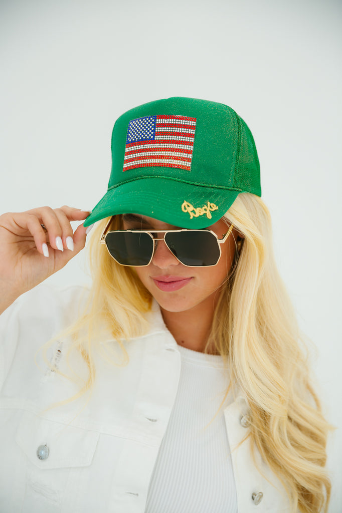 Green trucker hat with an American flag patch and gold "Bogie" patch on the bill with a glitter option