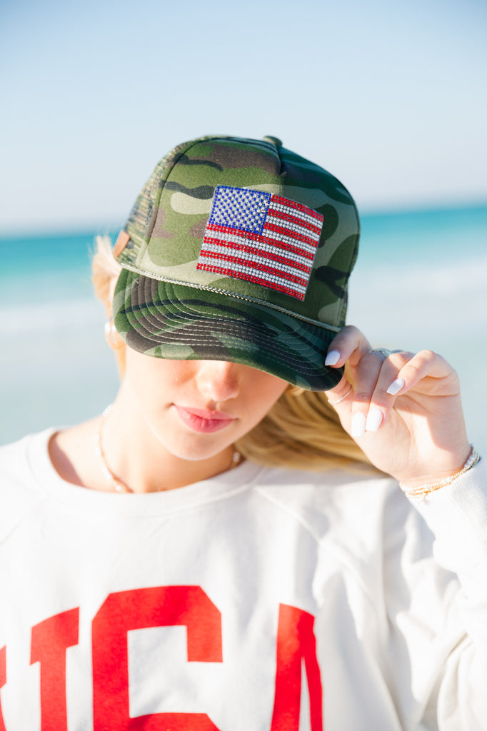Camo trucker hat with American flag