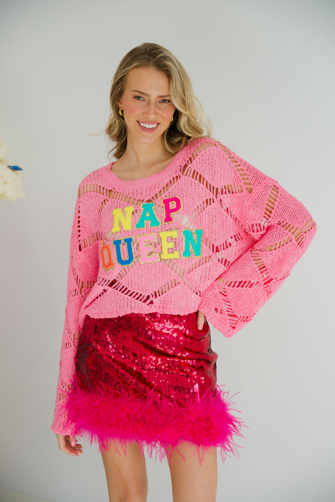 Pink crochet top with Nap Queen in rainbow terry letters