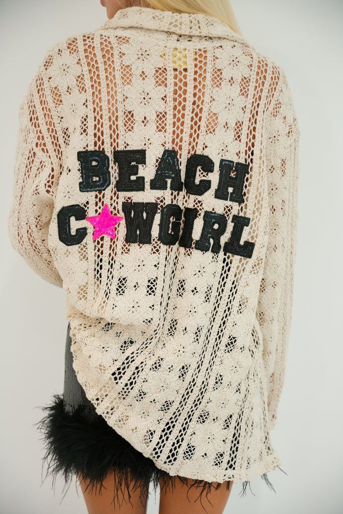 Lace cream button down with Beach Cowgirl in black sparkle letters and a hot pink star